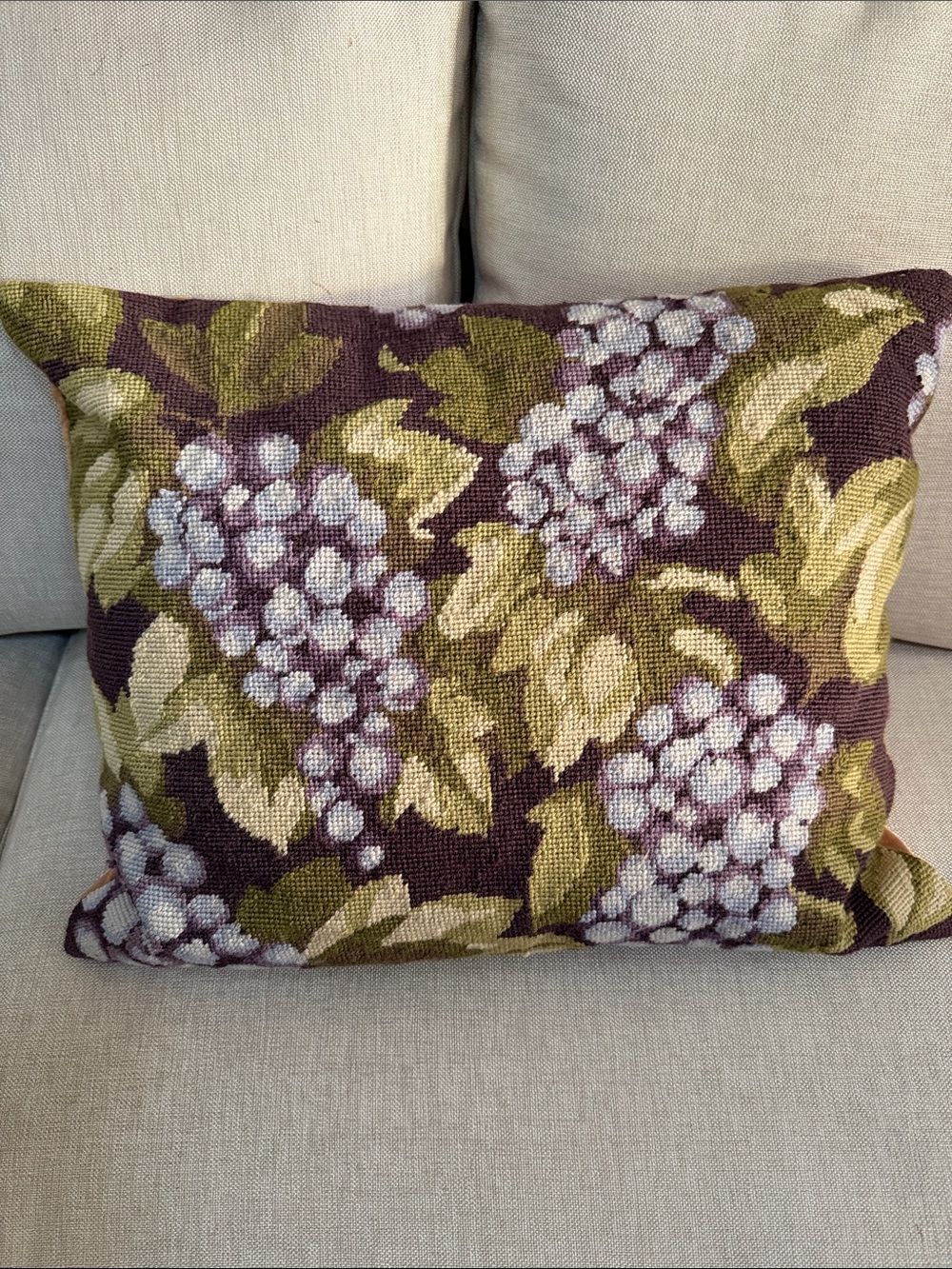 Hand made needle point pillow decorative accent GRAPES 🍇 Green and Purple Floral